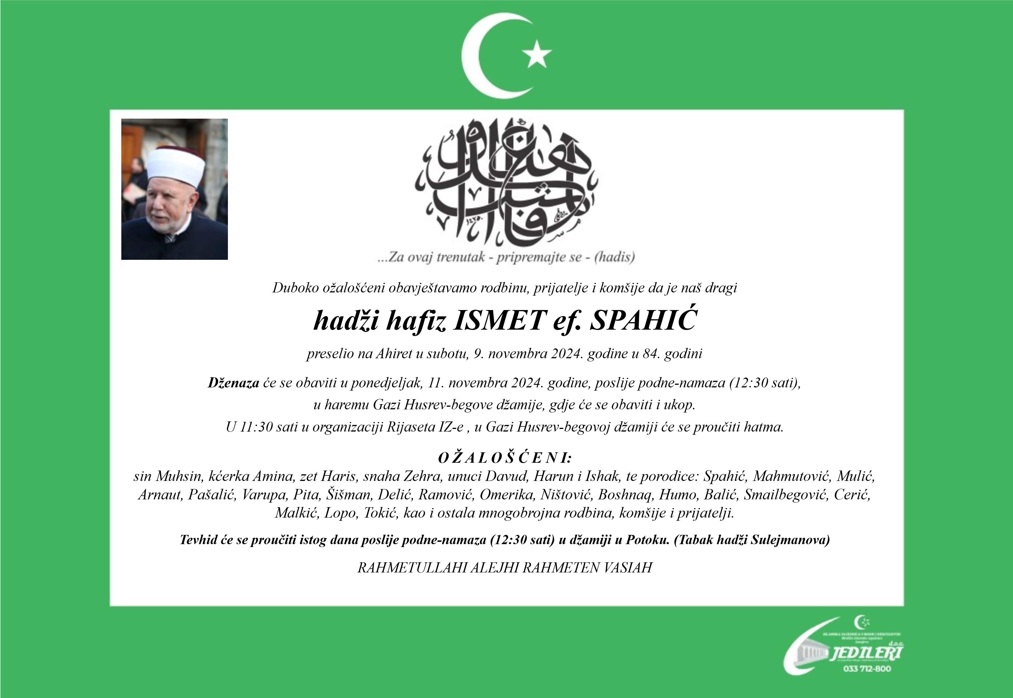 Smrtovnica hadži hafiz ISMET ef. SPAHIĆ.jpg - Dženaza hafizu Ismetu Spahiću u ponedjeljak, 11. novembra